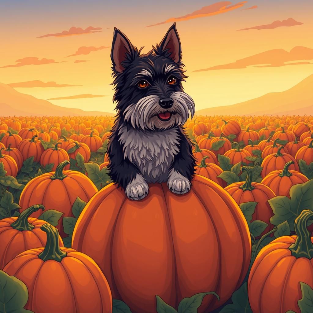 Scottish Terrier in Pumpkin Patch, Anime Style
