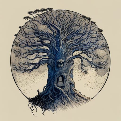 Ancient Tree and Full Moon in Art Nouveau Style