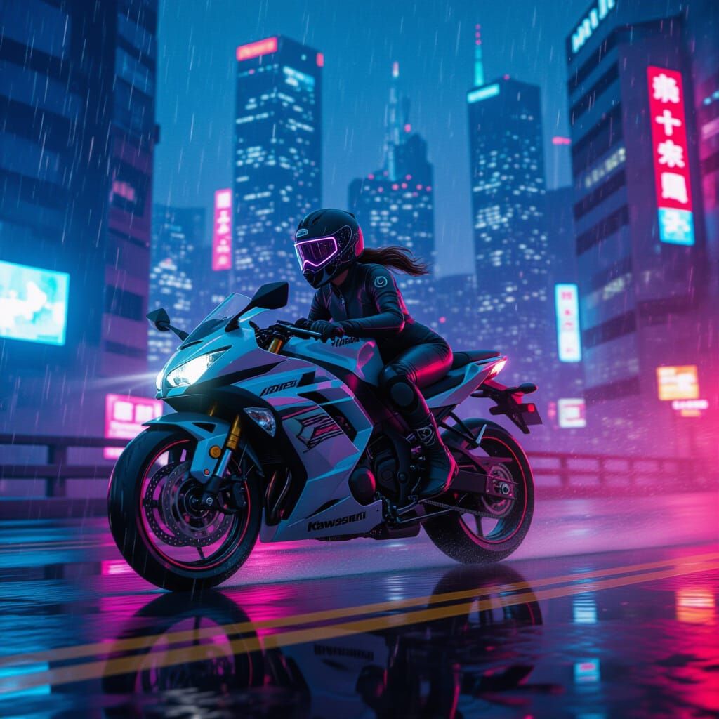 Cyberpunk Motorcyclist Races Through Neon City