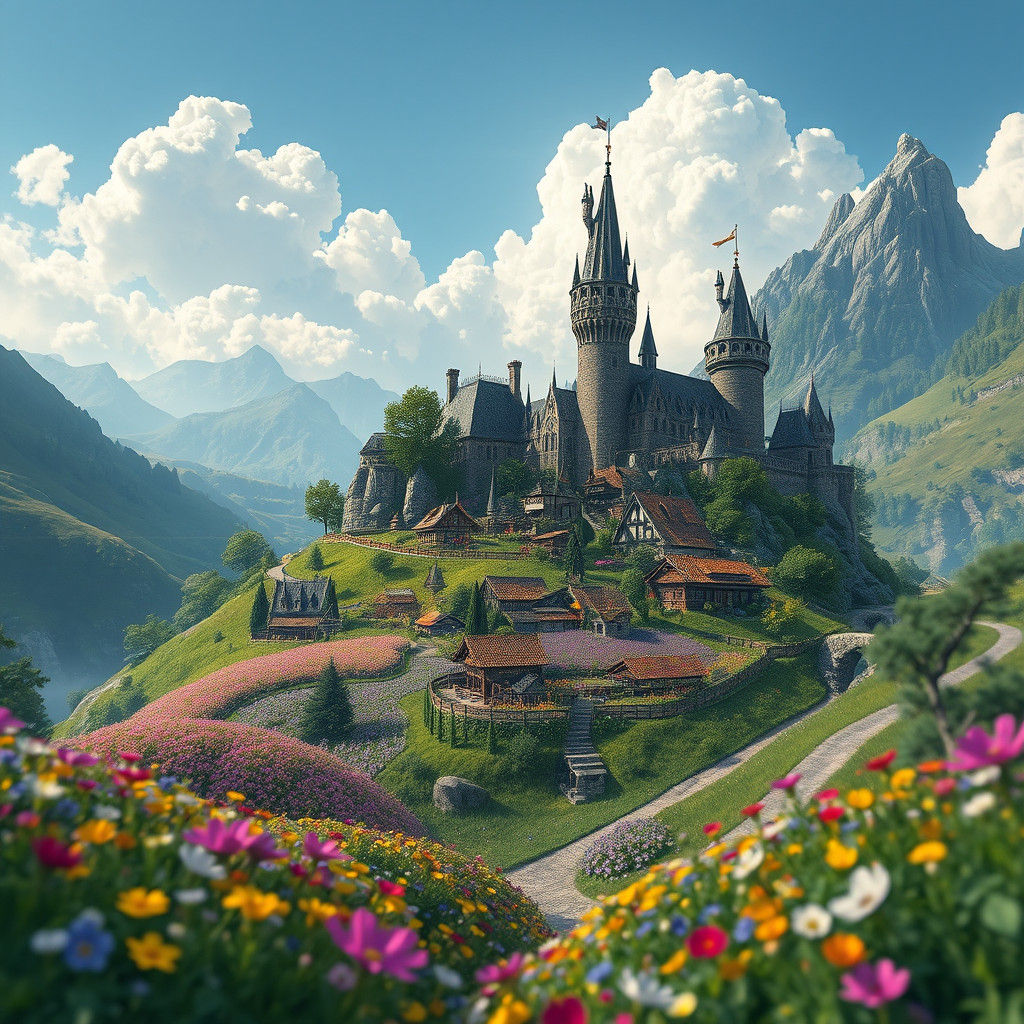 Mystical Village and Castle in Lush Valley