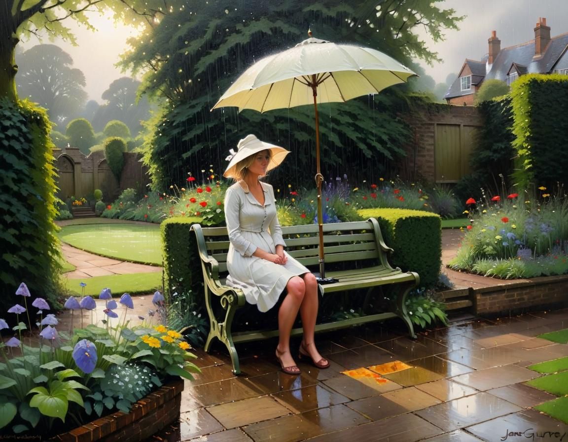 English Garden Scene in Oil Paint Style