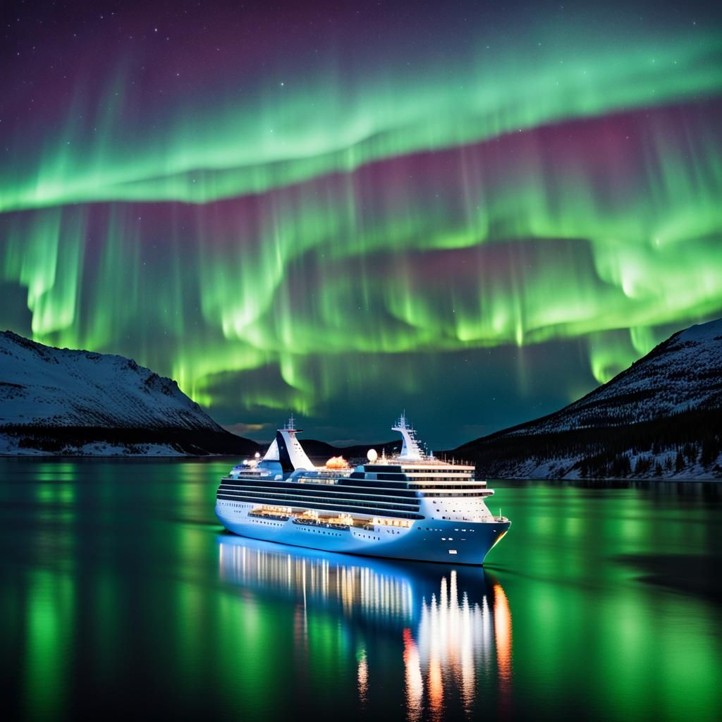 Hypermodern Cruise Ship Under Aurora Borealis