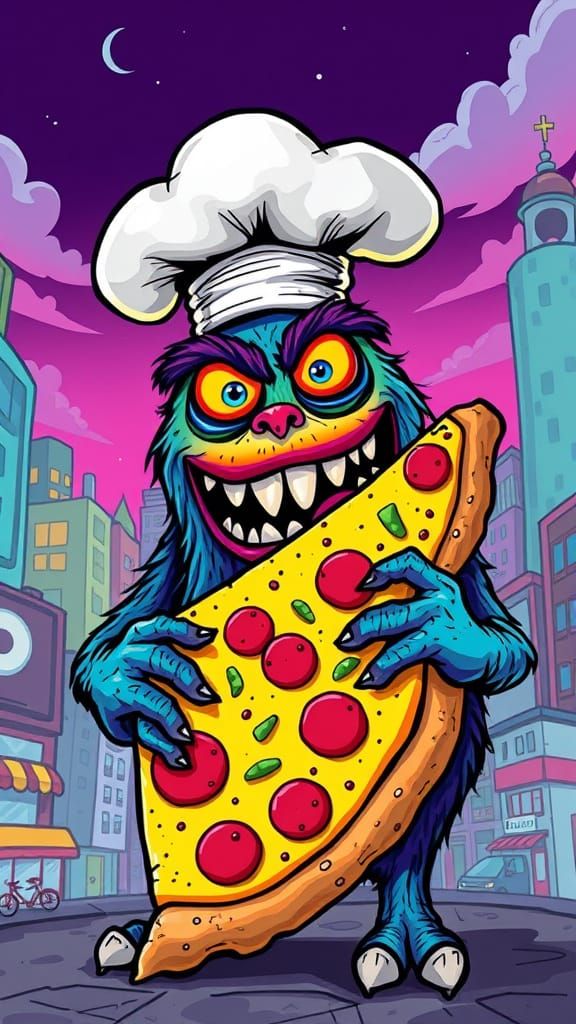 Pizza Monster Chef in Cartoon Cityscape Style