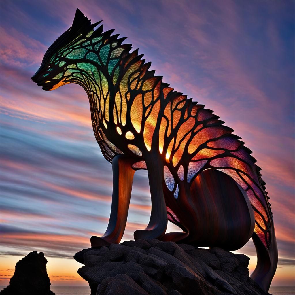 Glowing Iridescent Sculptures on Cliff at Sunset