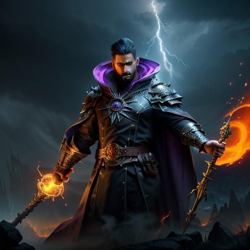 Wizard Conjures Fire in Dark Fantasy Thunderstorm