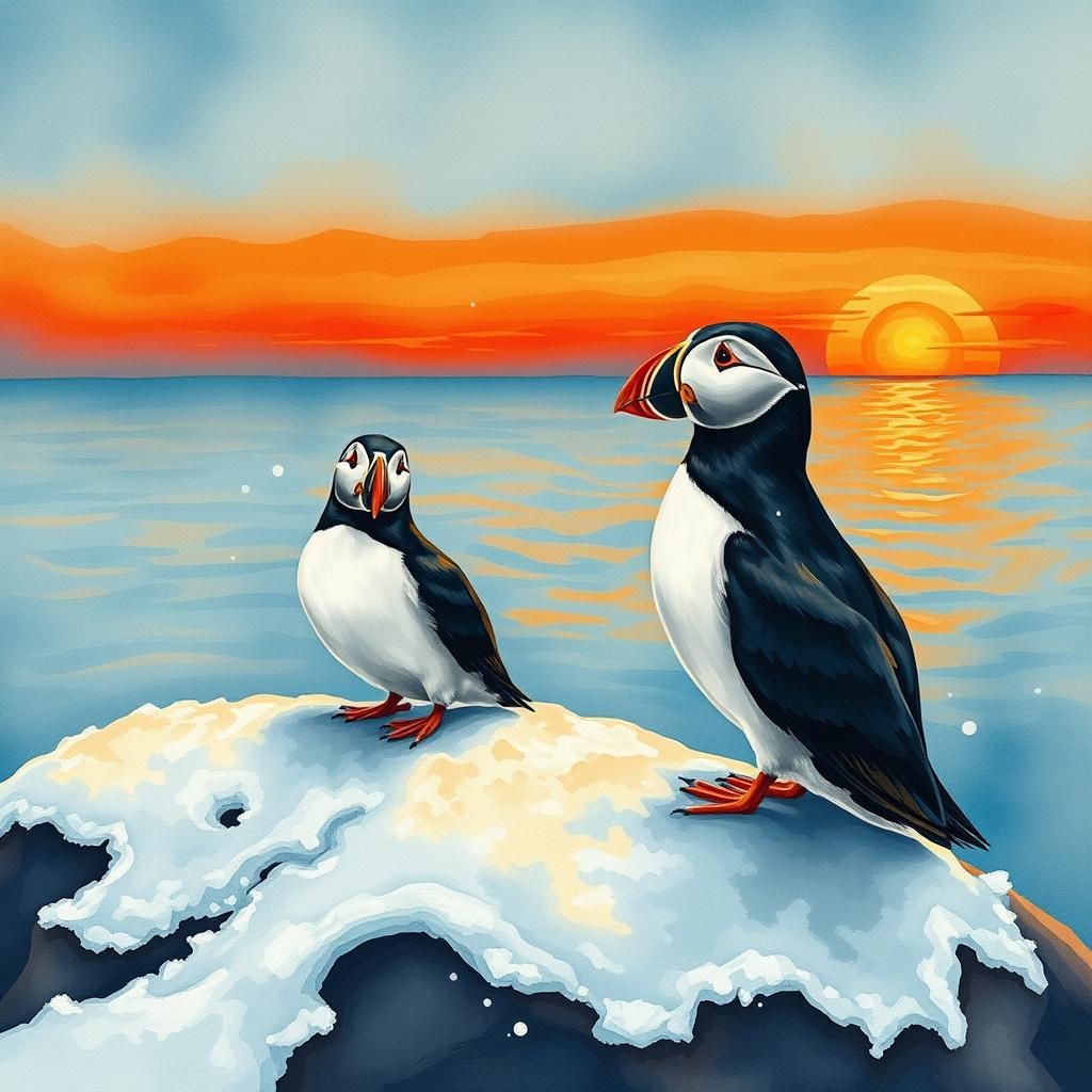 Surreal Puffins at Bird Rock: Digital Watercolor Sunset