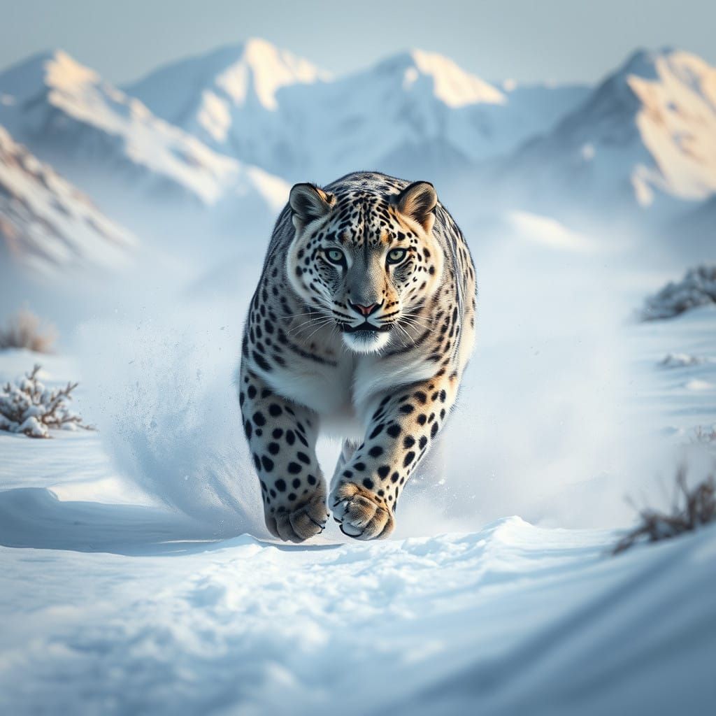 Snow Leopard Runs Through Majestic Mountain Landscape