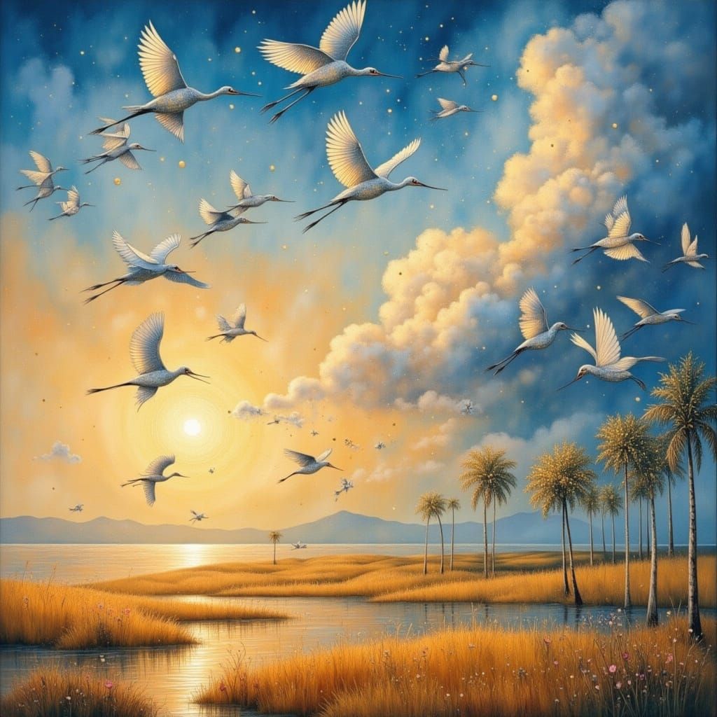 Egrets Fly Over Desert Rice Fields in Miyazaki Style