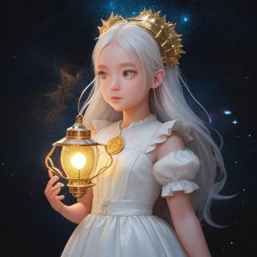 Little Girl with Glowing Lamp Among Stars
