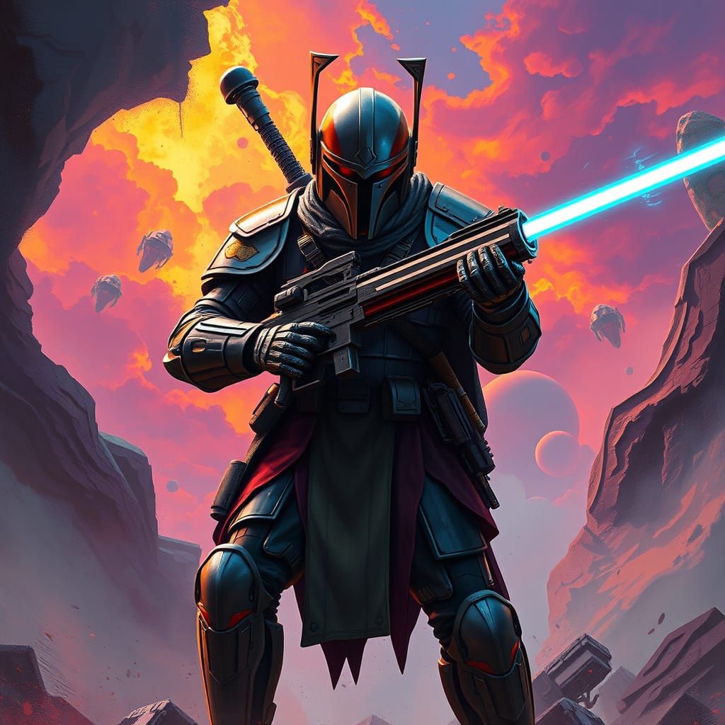 Mandalorian Warrior with Lightsaber and Machine Gun