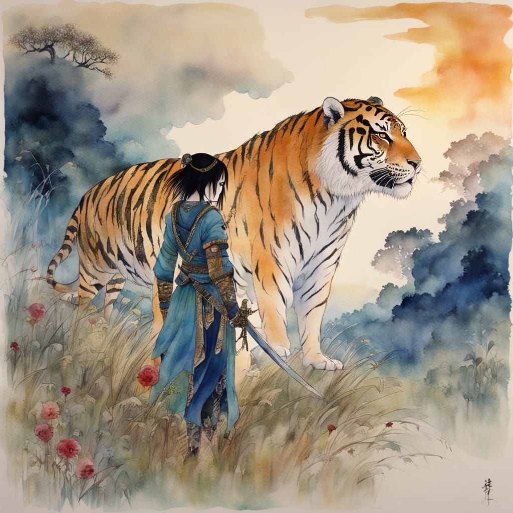 Japanese Warrior Princess with Tiger in Minimalist Watercolo...
