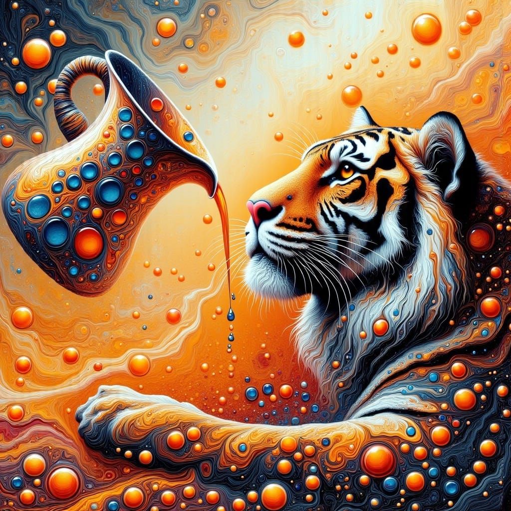Vibrant Tiger Emerge from Orange Juice in Fluid Art