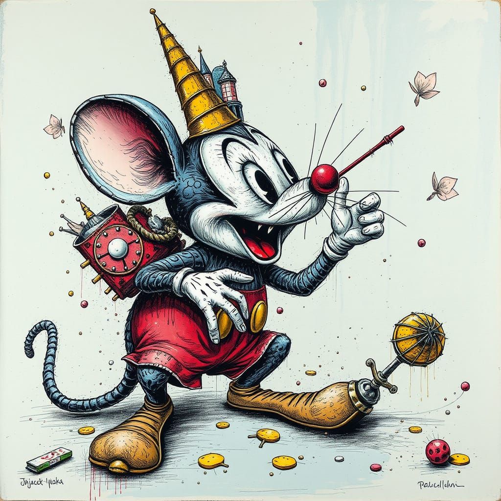 Decaying Mickey Mouse in Surreal Ink Painting Style