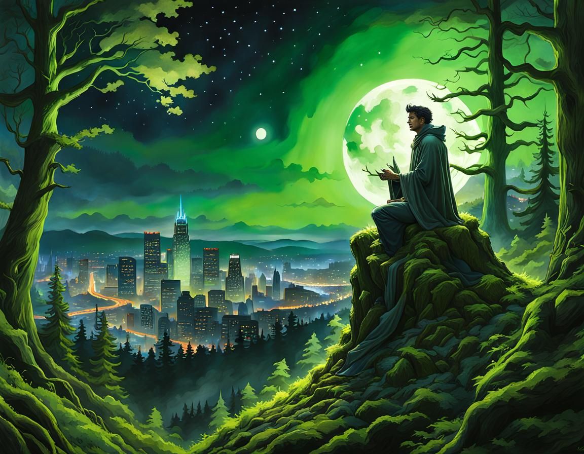 Bioluminescent Portland: Boy and Baba Yaga Watercolor