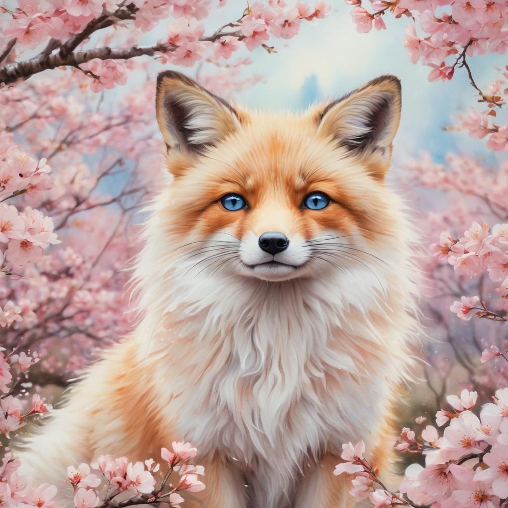 Cute Fox with Blue Eyes in Watercolor Cherry Blossoms