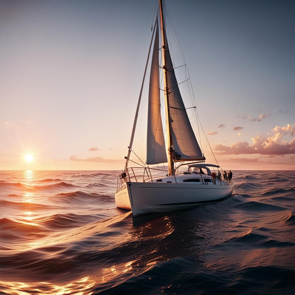Battered Sailboat Sets Sail at Dawn: Hyper-Realistic Photo