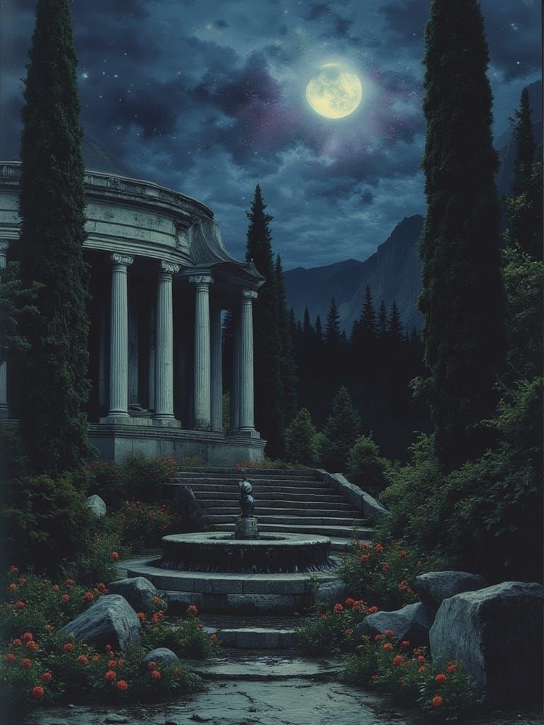 Mystical Moonlit Garden: Abstract Sci-Fi Gothic Scene