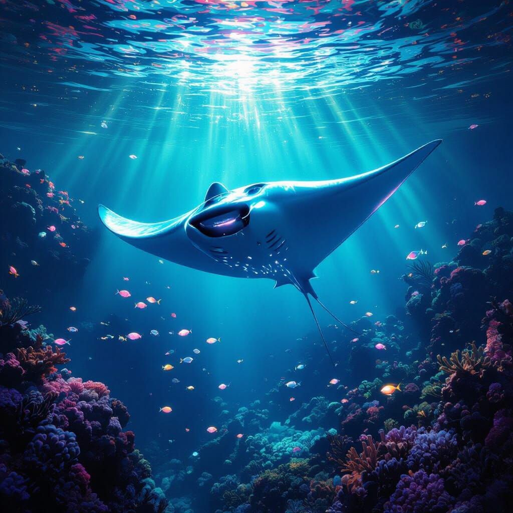 Bioluminescent Manta Ray in Alien Ocean