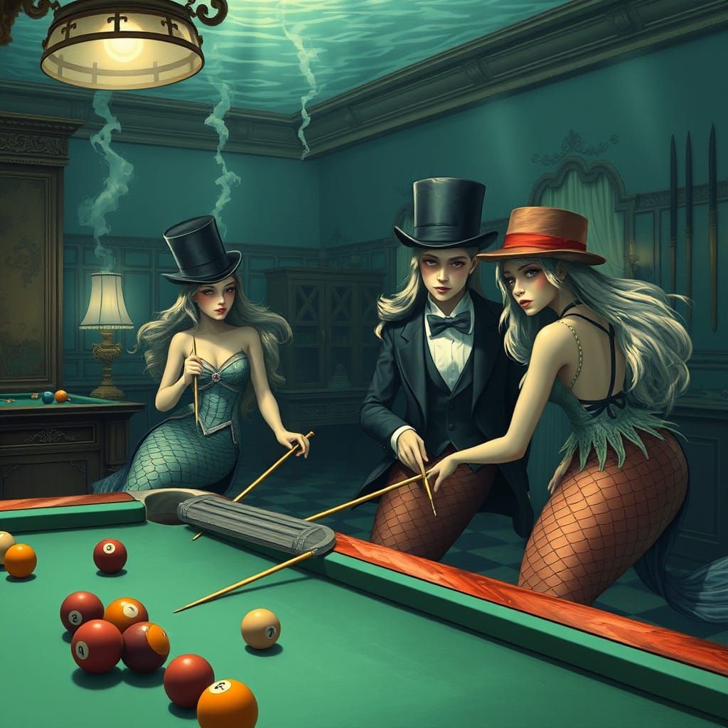Mermaids Play Snooker in Underwater Billiard Room