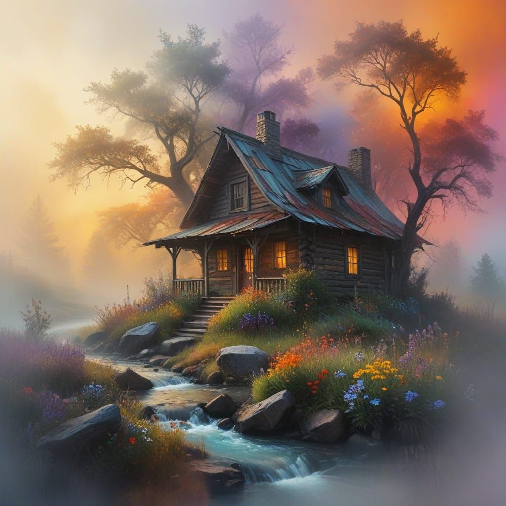 Whimsical Cabin Scene in a Kaleidoscope of Colors