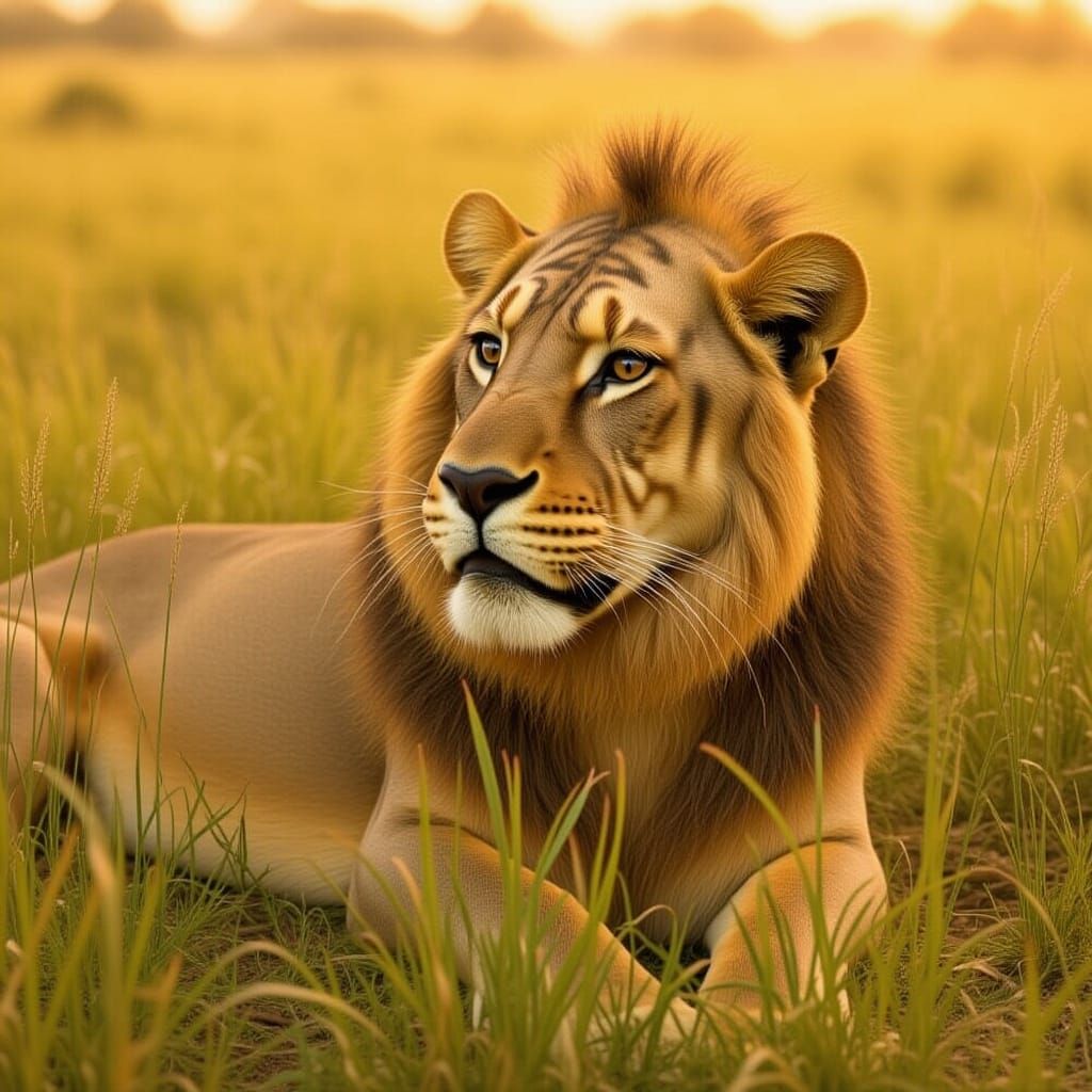 Resting Lion in Golden Savannah Light