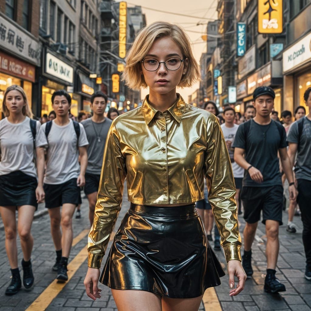 Anime Woman in Latex Skirt Walking Downtown