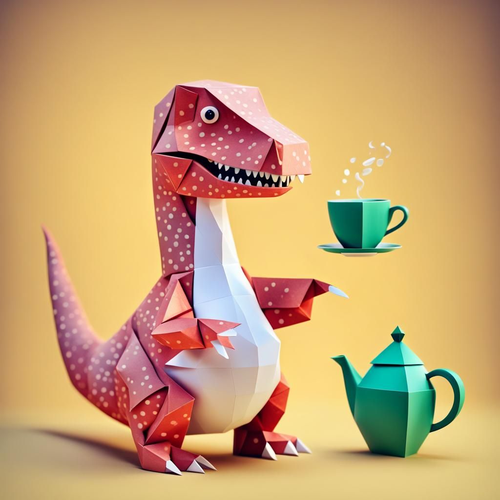 Cartoon Dinosaur Tea Party in Origami Style