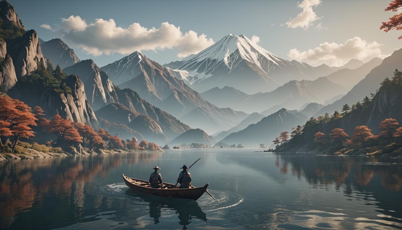 A beautiful Japanese man sailing in boat on a lake. Mountain...