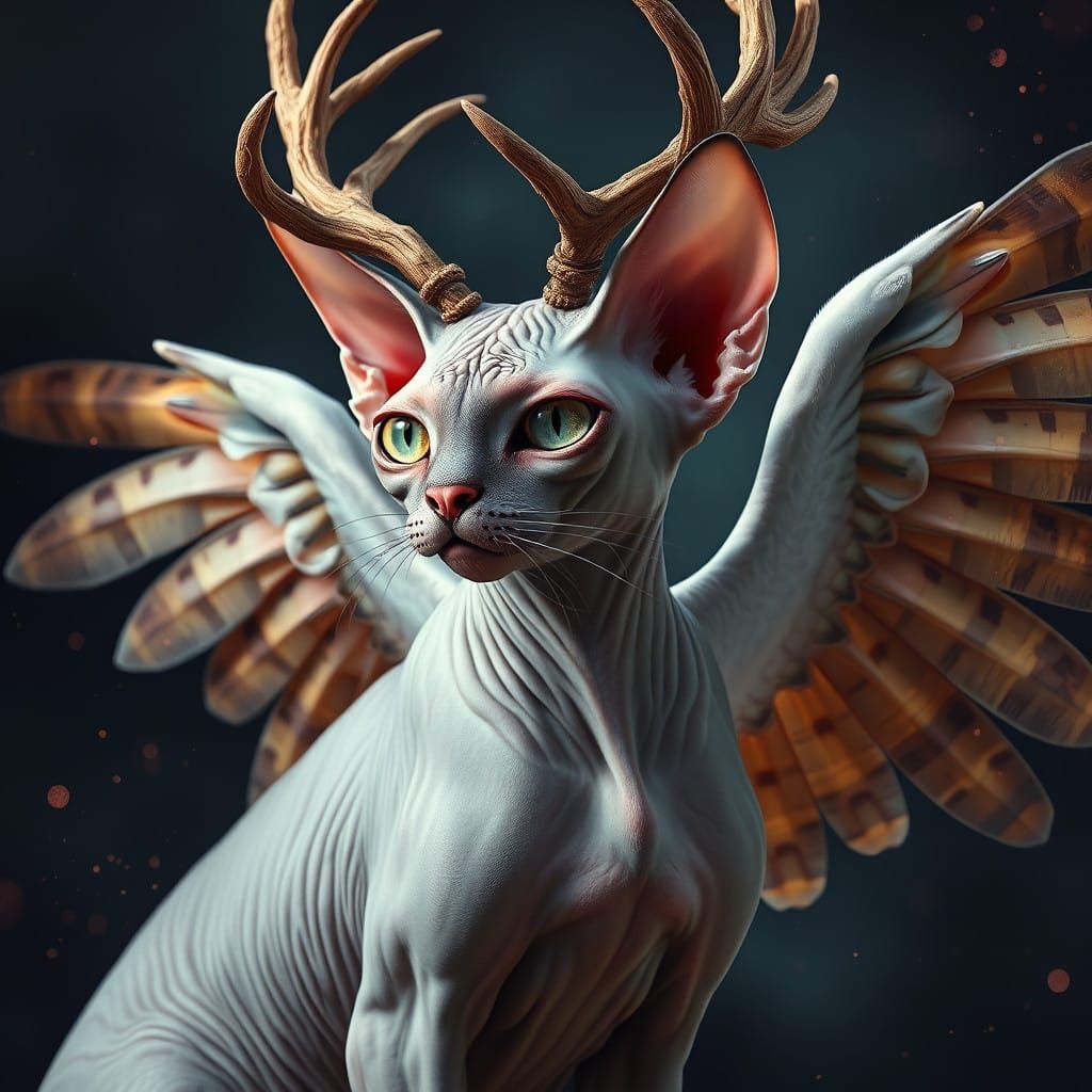 Majestic Sphynx Cat Soars with Owl Wings and Antlers in a Fa...