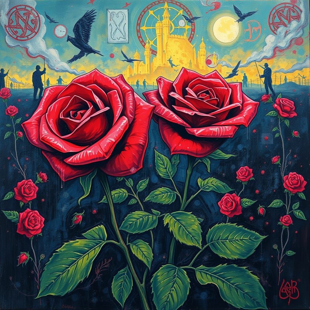 Roses in Eerie, Impasto-Inspired Heavy Metal Style