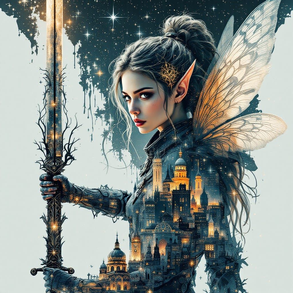 Ethereal Fairy Warrior in Urban Dreamscape
