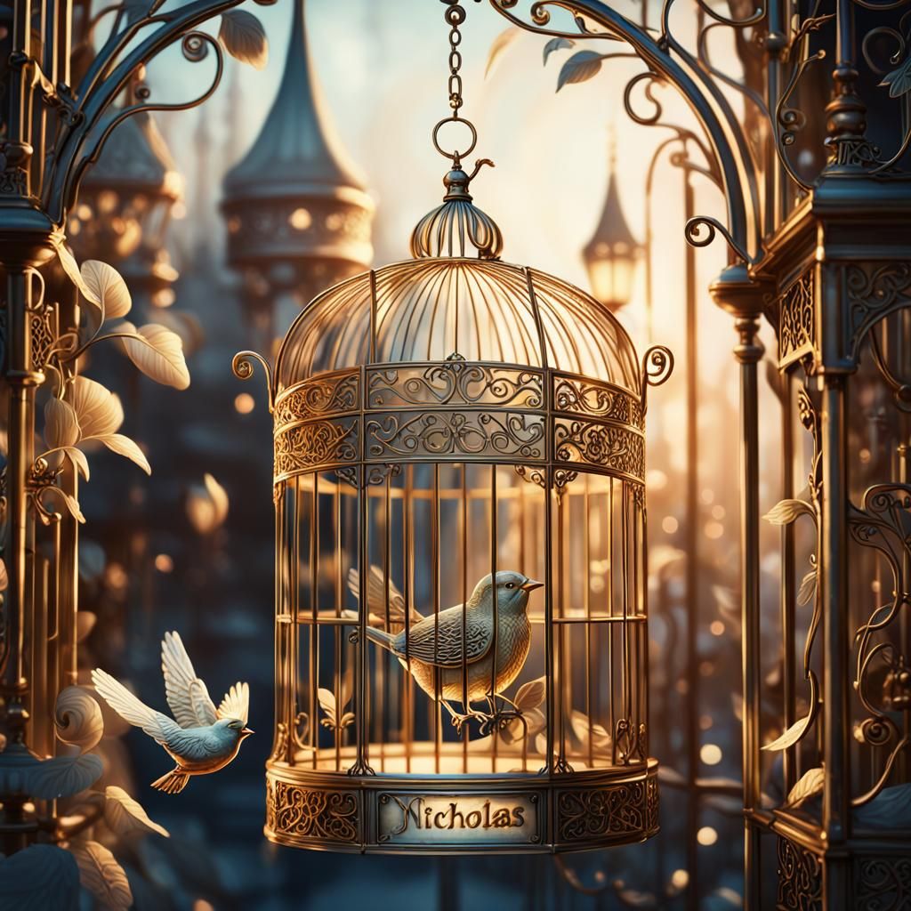 Whimsical Birdcage Concept Art with Signpost