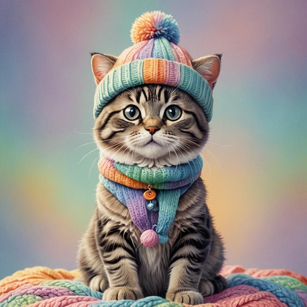 Cat in Yoshi Hat: Whimsical Digital Illustration