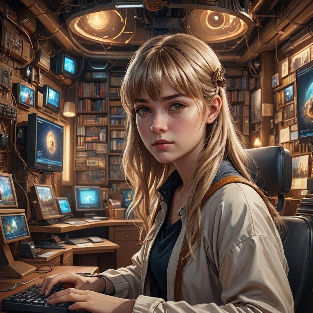 Blonde Woman at Computer: Fantasy Concept Art
