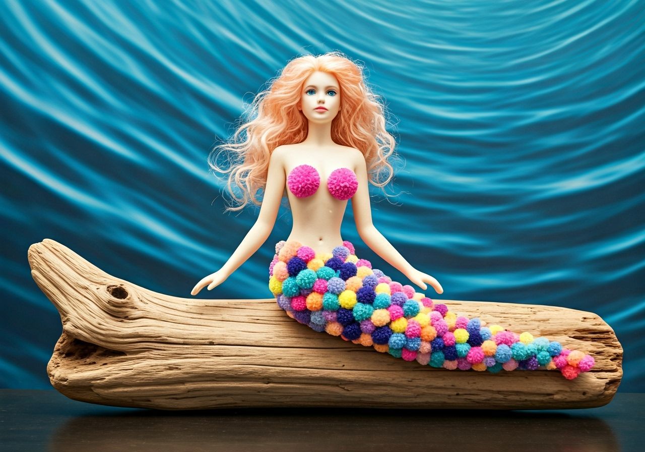 Colorful Pom Pom Mermaid Sculpture on Driftwood