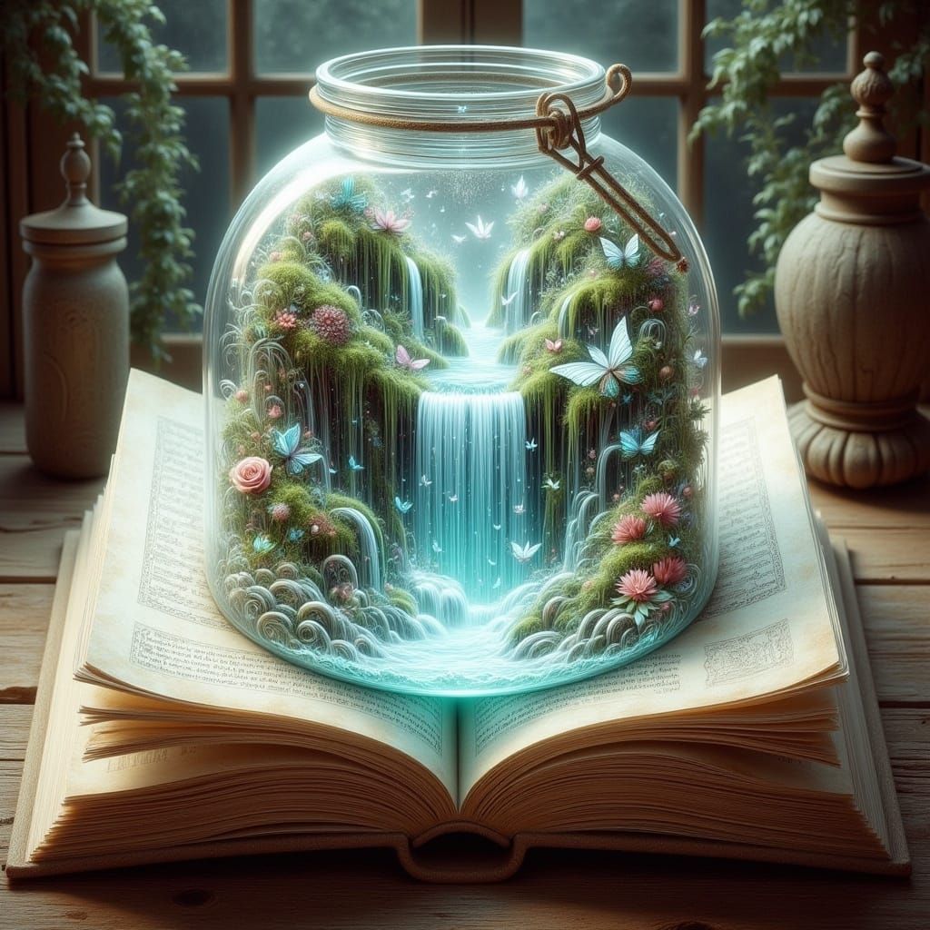 Paper Pop-Up Book with Waterfall in Watercolor Style