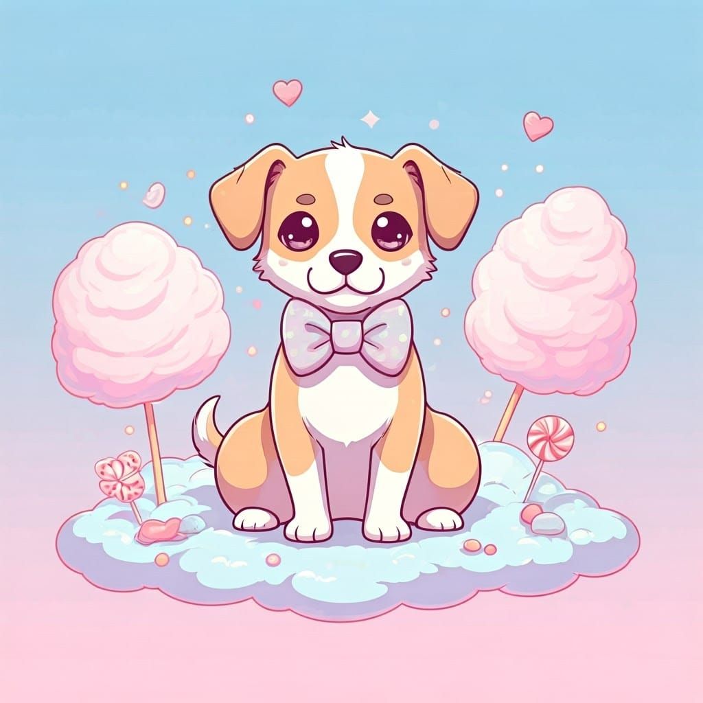 Kawaii Dog in Dreamy Candy Cloudscape