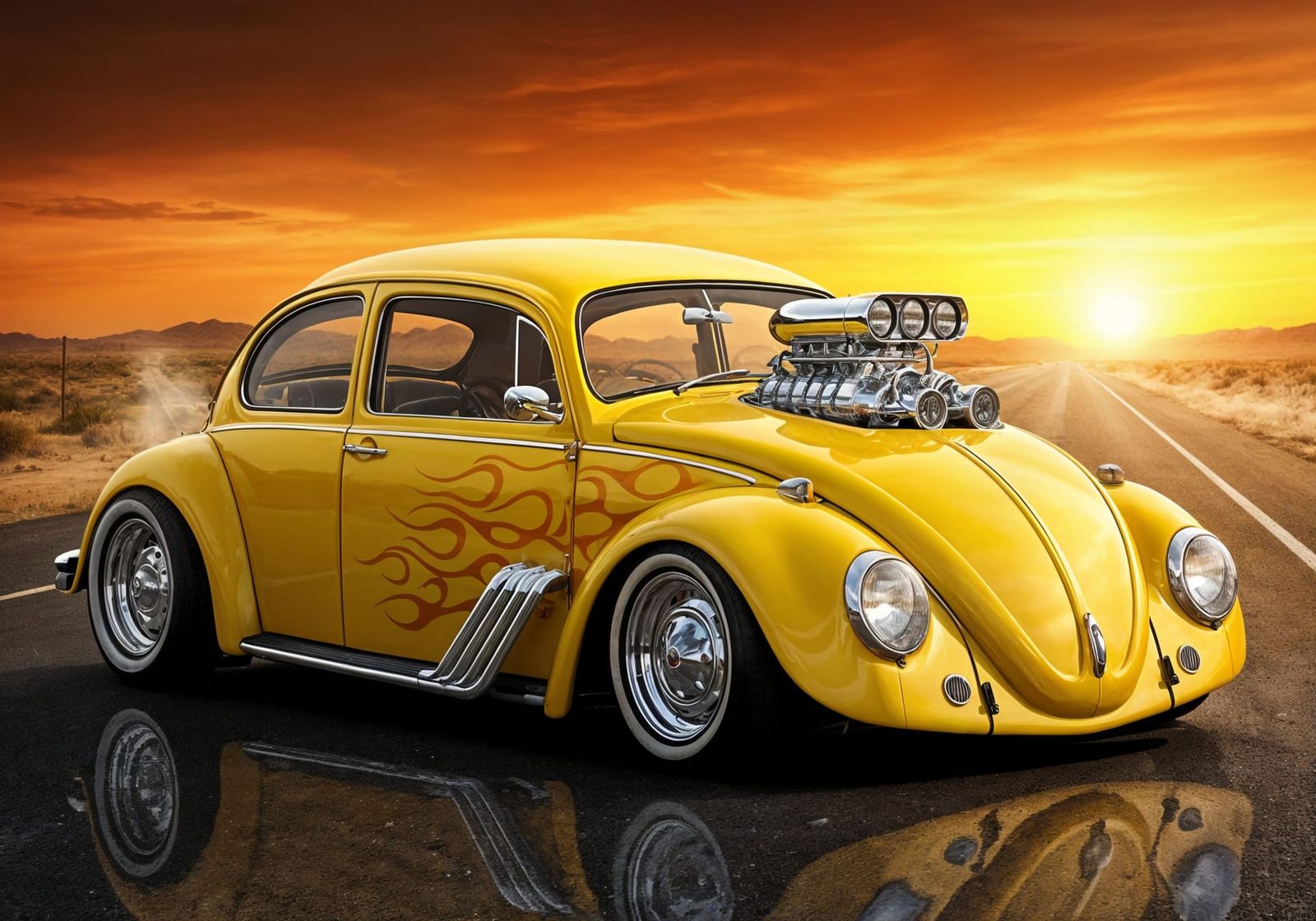Custom 60s VW Beetle Hot Rod on Desert Highway