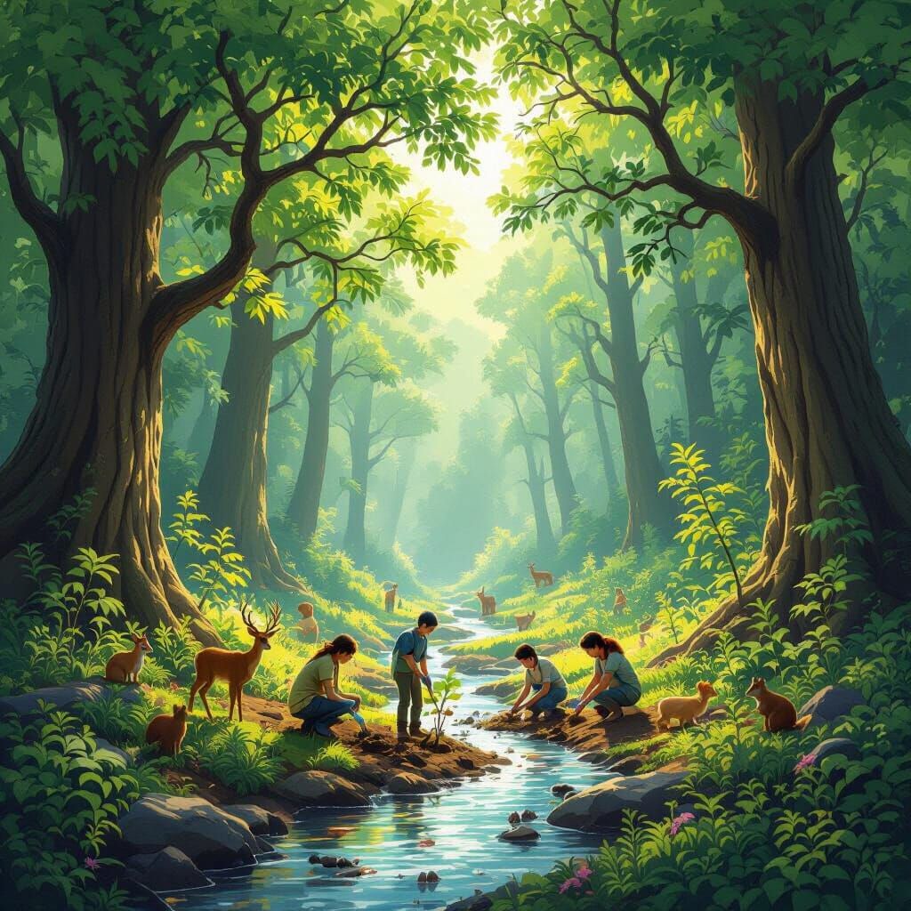 Lush Forest Harmony: Wildlife and People Protecting Nature