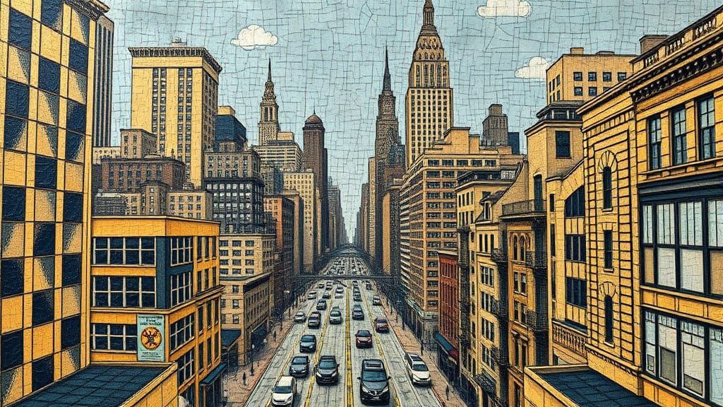 Vibrant Cityscape in Sgraffito Style