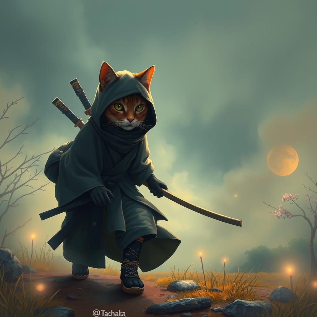 Ninja Cat in Ethereal Mist, Dreamy Fantasy Art