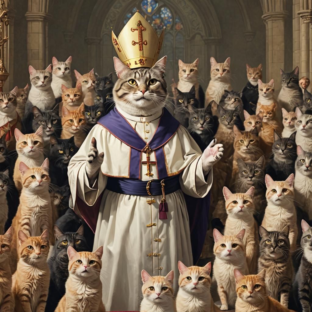 Anthropomorphic Cat Bishop Preaching to Cat Choir