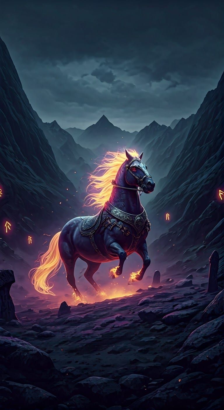 Sleipnir Galloping Through Norse Landscape, Digital Painting
