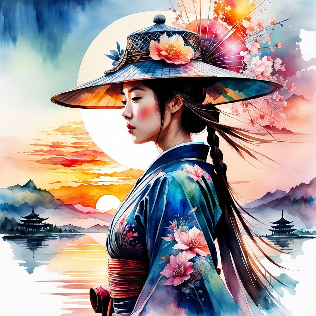 Female Samurai Summerscape in Watercolor Style