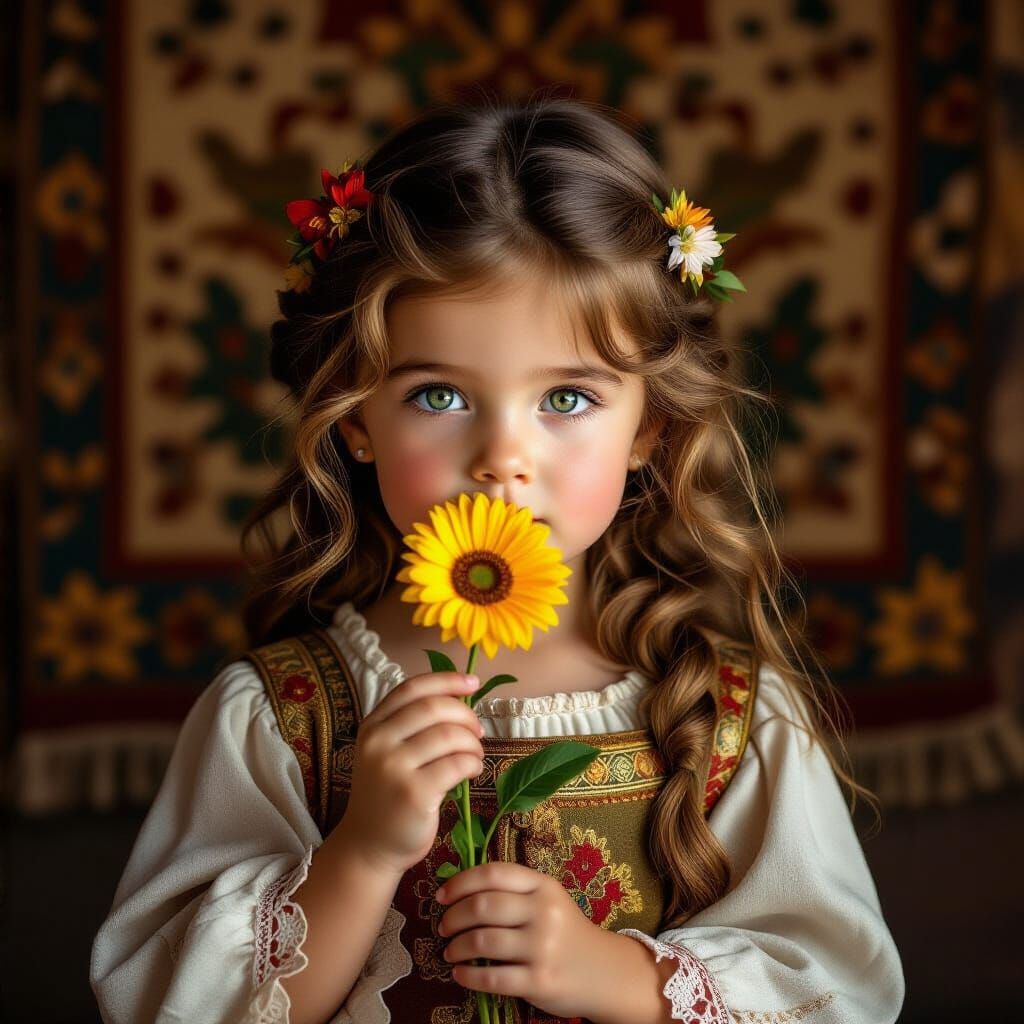 Medieval Toddler Girl Holding Flower, Detailed Tapestry