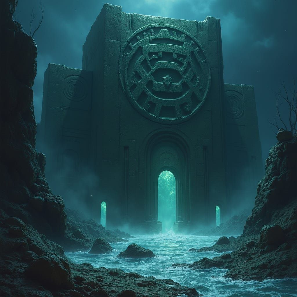 Cyclopean City Unveiled in Dark, Atmospheric Art