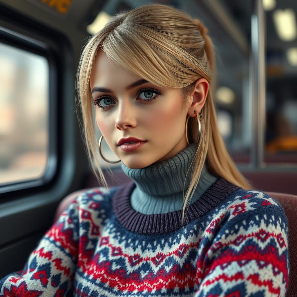 Close-up Portrait of a Young Woman in Fair Isle Sweater and...