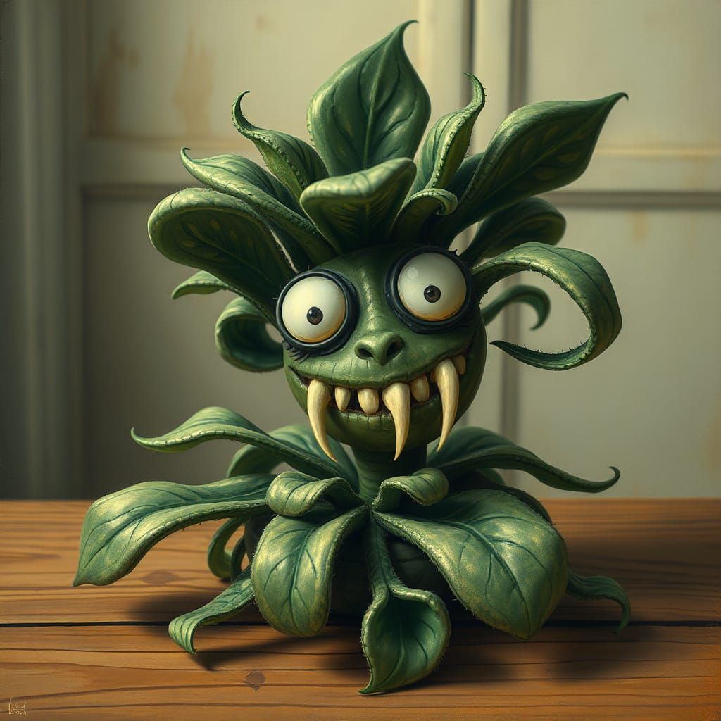 Whimsical Grumpy Houseplant Portrait in Earthy Colors