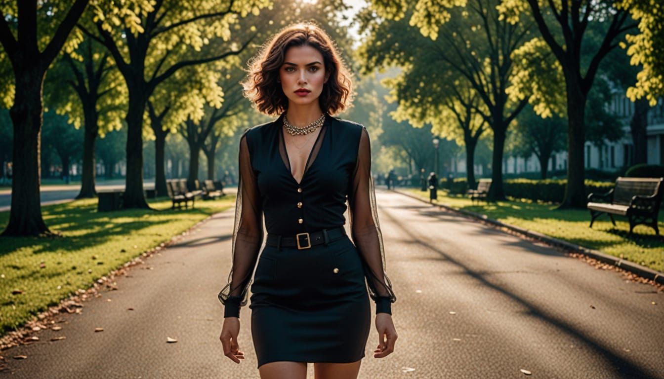 Brunette wearing highheels,stay ups, see-thru fishnet Top, braless, short miniskirt, curly brown hair and small necklace...