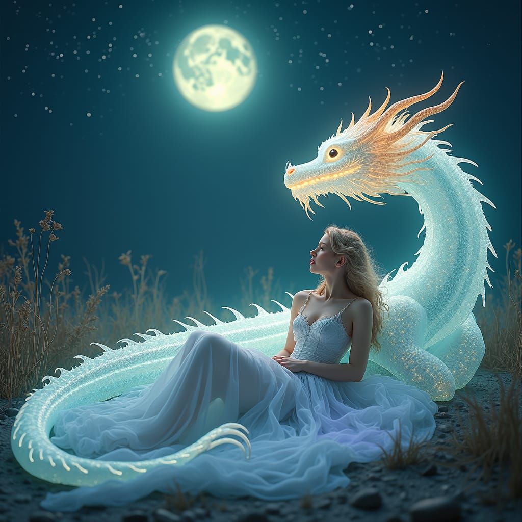 Woman and Galactic Dragon Under Starry Sky